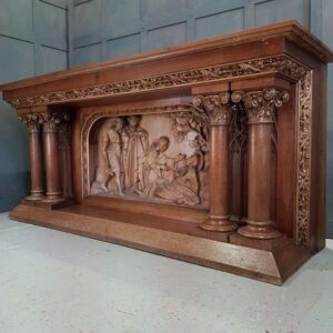 Stunning Antique Oak Carved Full Size Church Altar with Religious Scene (SOLD)