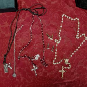 Box of Rosary Beads, Medallion, Christian Cufflinks & Cross (SOLD)