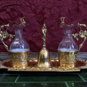 Fabulous Antique Top End Gilt Gold Plated Altar Cruet Set with Sacring Bell (SOLD)