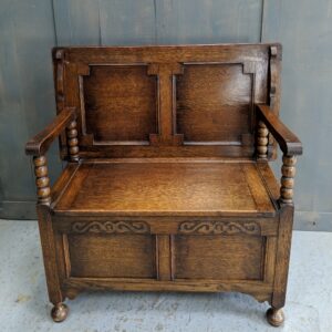 Classic Dark Oak 1930's Monk's Bench With Bobbin Armrest Supports (SOLD)