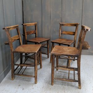 Set of 4 Old Antique Square Seat Shelf Rack Church Chapel Chairs (SOLD)