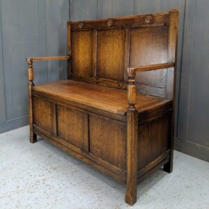 Oak Panelled Back & Front Vintage Monk's Bench with Roundels (SOLD)