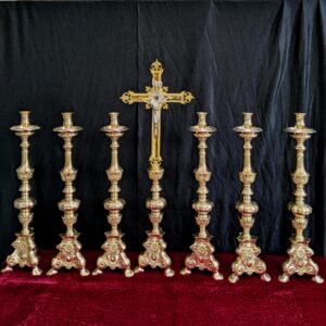 Classic Heavy Brass Large Size 'Big Six' Set of Candlesticks & Crucifix