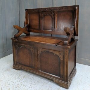 Vintage Small Oak Monks Bench with X Shaped Armrests (SOLD)