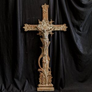 Large Antique French Extra Heavy Cast Iron Crucifix with Larger Corpus, Roses & Sheafs of Corn (SOLD)