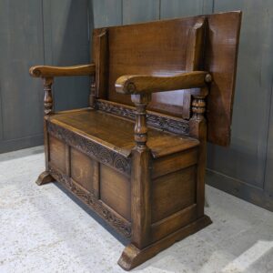 Very Heavy Vintage Oak Slab Top Monks Bench With Generous Arm Rests (SOLD)