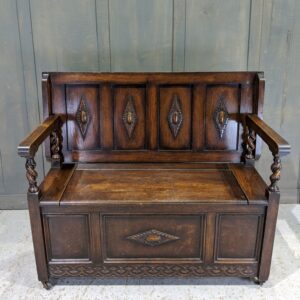 Original 1930's Medium to Dark Oak Monks Bench with Diamond Lozenges (SOLD)