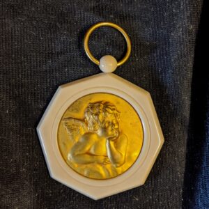 1950's Gold Coloured Metal Cherub Putti in Vintage Plastic Hanger (SOLD)