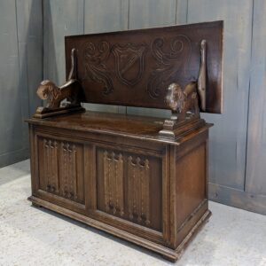 Classic 'L Marcus' Vintage Lion Arm Sheild Back Monks Bench (SOLD)