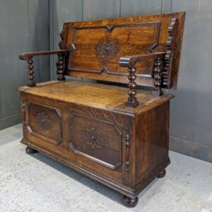Excellent 1920's Vintage Heavy Oak Monks Bench with Carving & Bobbin Armrests (SOLD)