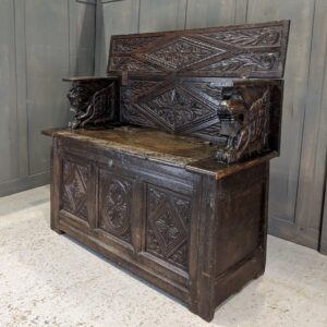 'The Godfather' of Monks Benches with 18th Century Elements, Huge Winged Lion Armrests & Carvings (SOLD)