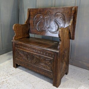 Carved Solid Oak Compact Vintage Monks Bench With Foliate Designs (SOLD)