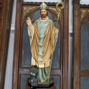 Antique Flemish Medium Size Religious Statue of St Eligius, St Eloy, St Eloi with Anvil (SOLD)