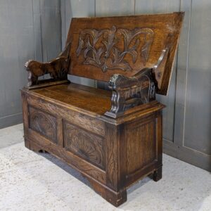 Good Looking Vintage Solid Oak & Ash Monks Bench with Lions & Foliate Carving (SOLD)