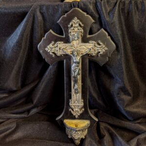 Ornate & Heavy Antique Metal & Wood Crucifix with Holy Water Stoop (SOLD)