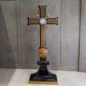 Outsize Imposing Ebonised Teak, Brass & Enamel Antique Altar Cross (SOLD)
