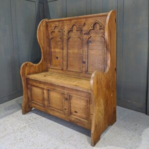 Simple Gothic Pine Monks Bench with Three Lancet Cutaway Panels (SOLD)