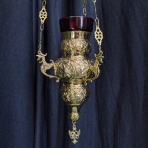 Medium Size Candle Powered Brass Sanctuary Lamp with Crosses & Dragons (SOLD)