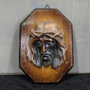 Copper Coloured Metal Death Mask of Christ Mounted on Oak Board (SOLD)