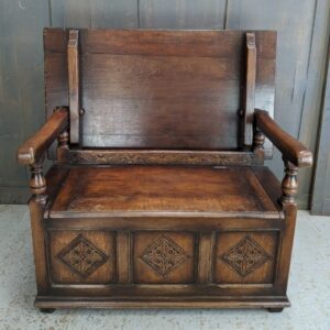 Very Heavy Solid Oak Vintage Monks Bench with Carved Plaques (SOLD)