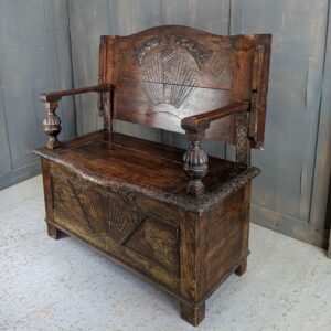 Highly Unusual Vintage Oak Monks Bench with Tudor & Art Deco Elements (SOLD)