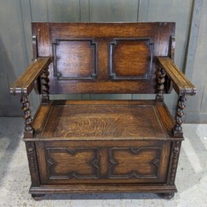 Tudor Styled Old English Oak Monks Bench with Barley Twisted Armrests & Panels (SOLD)