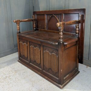 Unusual 1930's Vintage Oak & Veneer Linenfold Monks Bench (SOLD)