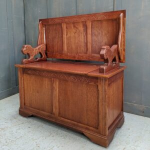 Modern Oak & Veneer Monks Bench with Lion Armrests & Gadrooned Panels (SOLD)