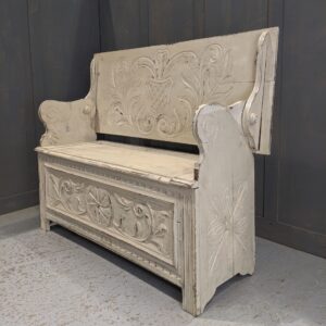 Shabby Chic Baroque Style Vintage Distressed Painted Carved Monks Bench (SOLD)
