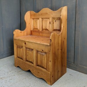 Simple Stripped & Waxed Six Panel Pine Storage Settle Monks Bench (SOLD)