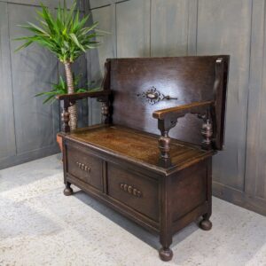 Heavy 1930's Vintage Dark Oak Vintage Monks Bench With Turned Arm Rests (SOLD)