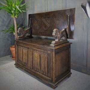Early 'L. Marcus' Medium to Dark Oak Lion Armrest Monks Bench (SOLD)