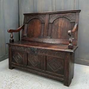 Rare 18th Century Antique Oak Monks Bench with Ornate Carved Arched Back Panels (SOLD)