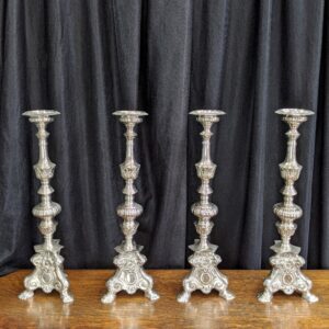 Set of 4 Nickel/Silver Plated Baroque Style Altar Candlesticks (SOLD)