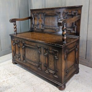 Tudoresque Masculine Style Panelled Oak Monks Bench on Bun Feet (SOLD)