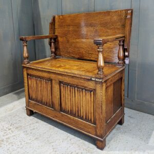 Rich Golden Oak Monks Bench with Linenfold Front (SOLD)