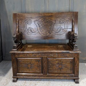 Oak & Veneer Sunburst & Shield Vintage Monks Bench (SOLD)