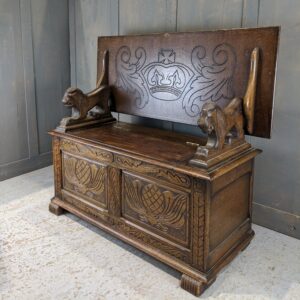 Crown & Pineapple Oak and Veneer Vintage Monks Bench (SOLD)