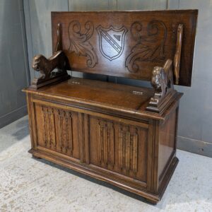 Shield & Linenfold Front Vintage Oak Monks Bench by L Marcus (SOLD)