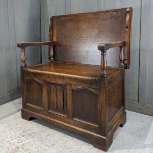 Vintage Linenfold Front Panel Monks Bench with Carved Details (SOLD)