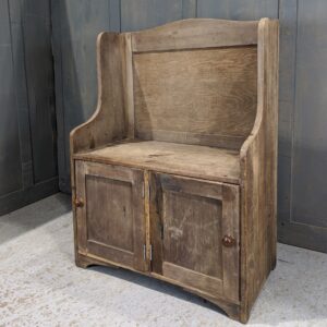 Small One Seater Vintage Hardwood & Pine Monks Bench with Cupboard Space (SOLD)