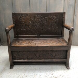 18th Century Style Carved Oak Monks Bench Settle with Storage (SOLD)