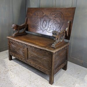 High Quality Antique Solid Carved Oak Monks Bench with Shield Back (SOLD)