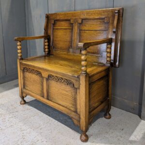 1930's Vintage Golden Oak Monks Bench with Simple Fretwork (SOLD)