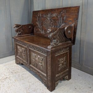 Elaborately Carved Phoenix Armed Vintage Oak Monks Bench (SOLD)