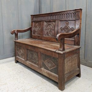Large Heavy Antique Oak Monks Bench in the Tudor Style (SOLD)
