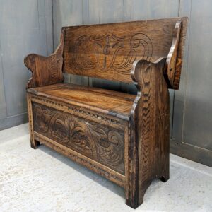 Vintage 18th Century Style Oak Monks Bench with Shaped Arm Rests (SOLD)