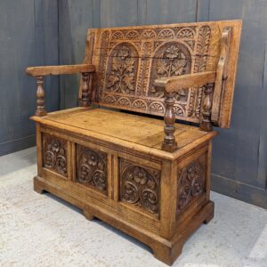 Beautiful Highly Carved Antique Medium Oak Monks Bench with Floral Motifs (SOLD)