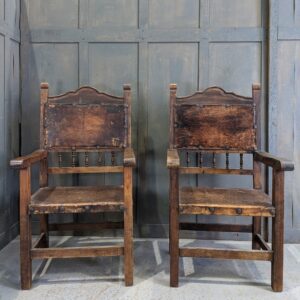 Pair of Vintage 17th Century Style Spanish Leather Upholstered Baronial Chairs (SOLD)