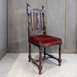 Attractive Victorian Carved Oak Hall Chair with Red Velvet Seat in need of Reupholstery (SOLD)